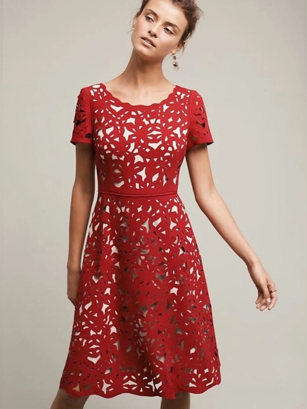 Anthropologie Moulinette Soeurs Red Laser-Cut Fit & Flare Short Sleeve Dress